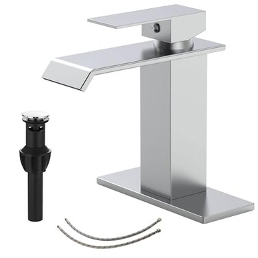 BATHLAVISH Chrome Waterfall Bathroom Sink Faucet Solid Brass Single Handle Bathroom Faucet 1 Hole Waterfall Spout Single Handle Polished Chrome Vanity Lavatory RV with Pop Up Drain