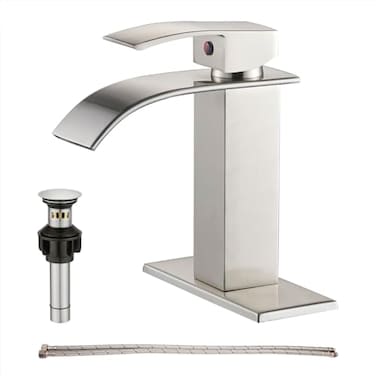 GENBONS Waterfall Single Handle Bathroom Vanity Sink Faucet with Metal Popup Drain Brushed Nickel Finish