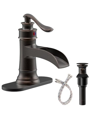 Homevacious Waterfall Bathroom Faucet Oil Rubbed Bronze Sink with Pop Up Drain Stopper Faucets Single Hole Rustic Vanity Farmhouse Overflow One Handle Bath Black Commercial Assembly by