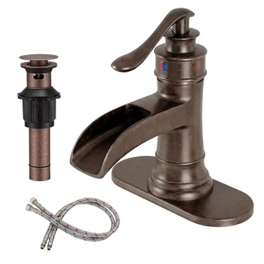 BWE Copper Bathroom Faucet Antique Brass Sink Vanity Basin Single Handle with Pop up Drain Assembly Waterfall Rose Mixer Tap One Hole Lever with Overflow Deck Mount Commercial
