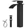 BWE Vessel Sink Faucet Matte Black Bathroom Waterfall Faucet with Popup Drain and Water Lines Stainless Steel Construction