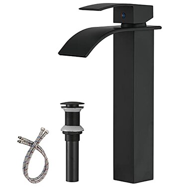 BWE Vessel Sink Faucet Matte Black Bathroom Waterfall Faucet with Popup Drain and Water Lines Stainless Steel Construction