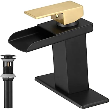 Bathfinesse Bathroom Sink Faucet Gold with Matte Black Waterfall Modern Vanity Lavatory Single Hole One Handle Bath with Metal Pop Up Drain Mixer Tap Overflow Water Supply Line