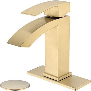 TRUSTMI Single Hole Bathroom Faucet Brass Square Waterfall Bathroom Sink Faucet with 6 Deck Plate and Overflow Drain Brushed Gold