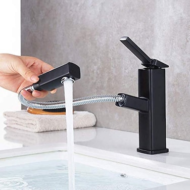 KAIYING Bathroom Sink Faucet with Pull Out Sprayer Single Handle Basin Mixer Tap for Hot and Cold Water Lavatory Pull Down Sink Faucet with Rotating Spout Regular Black