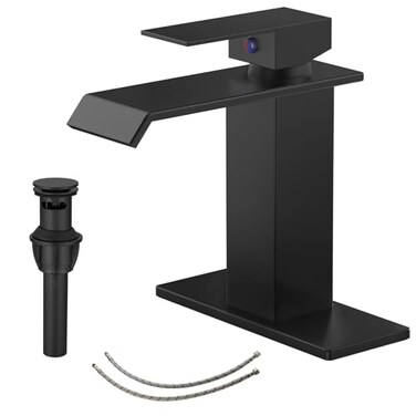 BATHLAVISH Matte Black Bathroom Sink Faucet Solid Brass Waterfall Single Hole with Pop Up Drain with Overflow Matt Modern Single Handle Vanity tap Lavatory Sink 1 or 3 Hole Deck Mount