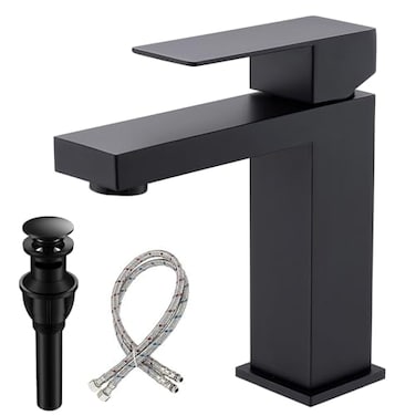 VSUNHOO Matte Black Bathroom Faucet Modern Single Handle Square Bathroom Sink Faucet with Pop Up Drain Assembly Stainless Steel Vanity Bathroom Faucets Single Hole Deck MountBF011B