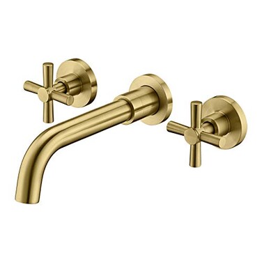 sumerain Brushed Brass Wall Mount Bathroom Faucet Two Cross Handles and Roughin Valve IncludedSUMERAIN