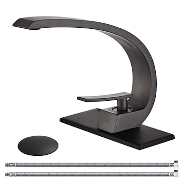Wovier Matte Black Bathroom Sink FaucetUnique Design Single Handle Single Hole Brass Lavatory Vanity FaucetBasin Mixer Tap with Supply Hose and Pop Up Drain Assembly