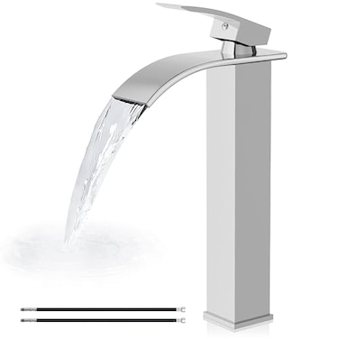 Airuida Vessel Sink Faucet Tall Waterfall Bathroom Faucet Single Handle One Hole Mixer Bowl Tap with Large Rectangular Spout Bar Sink Faucet Lavatory VanityChrome Polish