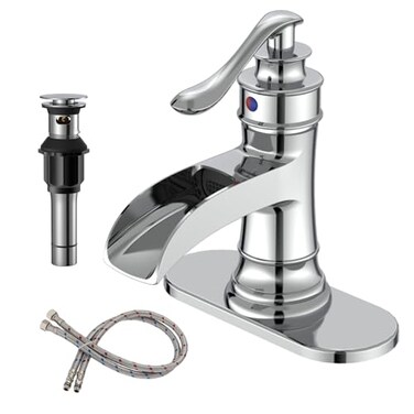 BWE Chrome Waterfall Bathroom Faucet Single Handle One Hole Sink Faucet with Pop Up Drain and Water Supply Line for Vanity Basin Solid Brass Construction