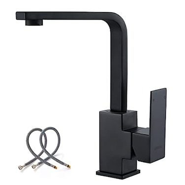 WOWOW Single Hole Bar Faucet Black Prep Sink Faucet Single Handle Mini Bar Tap with Water Supply Hose Universal High Arc Modern Small Kitchen Taps Stainless Steel