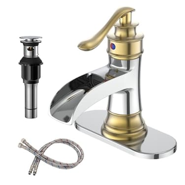 BWE Bathroom Faucet Waterfall Single Handle Chrome and Gold Vanity with Pop Up Drain Stopper with Overflow One Hole Lever Bath Sink Basin Restroom Mixer Tap Commercial Supply Line