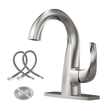 WOWOW Single Handle Bathroom Faucet 1 Hole High Arc Brushed Nickel Popup Drain Solid Brass Commercial Bathroom Sink Faucet Basin Vanity Bar Faucet