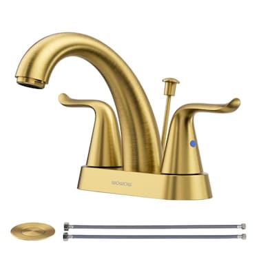 WOWOW 4 Inch Bathroom Sink Faucet Brushed Gold Centerset Vanity Faucet with Lift Rod Drain Modern Mixer Tap for Rv Sink