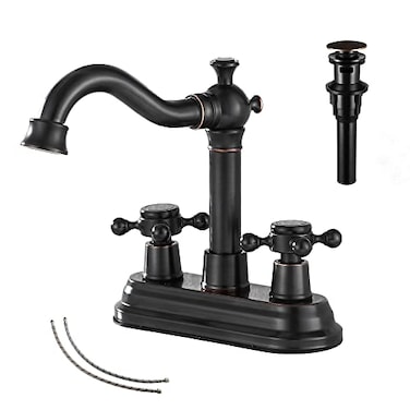 GGStudy Bathroom Faucet Oil Rubbed Bronze 2 Handles 4 Inches Centerset Bathroom Vanity with Drain Assembly and Supply Hose Lavatory Mixer Double Handle Tap