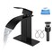 Aolemi Bathroom Faucet Single Handle 1 Hole Deck Mount Lavatory Vanity RV Sink Mixer Basin Tap with Cover Plate and Pop Up Drain Assembly Matte Black Waterfall Spout