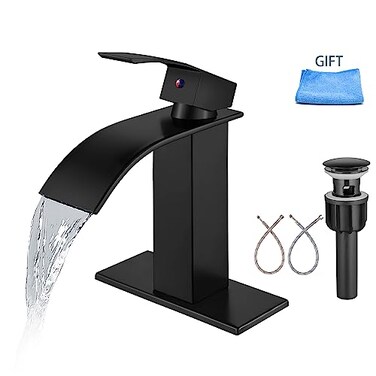 Aolemi Bathroom Faucet Single Handle 1 Hole Deck Mount Lavatory Vanity RV Sink Mixer Basin Tap with Cover Plate and Pop Up Drain Assembly Matte Black Waterfall Spout