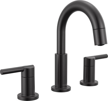 Delta Nicoli Matte Black Bathroom Faucet with Sprayer 8 Inch 3 Hole Widespread Bathroom Sink Faucet with Pull Out Sprayer PushPop Drain Matte Black 35749LFBLPD