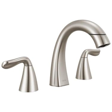 Delta Arvo Brushed Nickel Bathroom Faucet with Sprayer 8 Inch 3 Hole Widespread Bathroom Sink Faucet with Pull Out Sprayer PushPop Drain SpotShield Stainless 35840LFSPPD