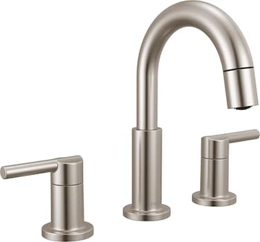 Delta Nicoli Brushed Nickel Bathroom Faucet with Sprayer 8 Inch 3 Hole Widespread Bathroom Sink Faucet with Pull Out Sprayer PushPop Drain Stainless 35749LFSSPD