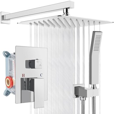 gotonovo Rainfall Bathroom Shower System Rain Shower Head and Handle Set Wall Mounted Shower Complete Combo Solid Brass Pressure Balancing Shower Mixer Valve 10 Inch Polished Chrome
