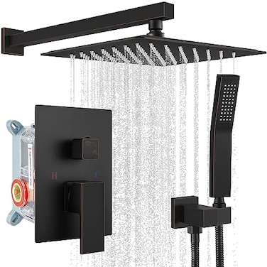 gotonovo Rainfall Bathroom Shower System Rain Shower Head and Handle Set Wall Mounted Shower Complete Combo Solid Brass Pressure Balancing Shower Mixer Valve 12 Inch Oil Rubbed Bronze