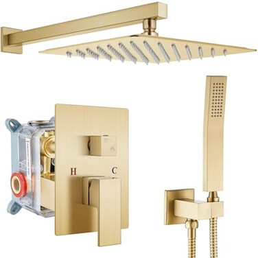 gotonovo Rainfall Bathroom Shower System Rain Shower Head and Handle Set Wall Mounted Shower Complete Combo Solid Brass Pressure Balancing Shower Mixer Valve 12 Inch Brushed Gold