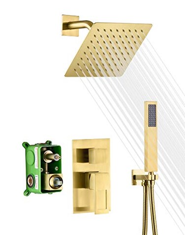sumerain Rain Shower System Brushed Brass Dual Functions Shower Faucet Complete Set Including 8 Shower Head RoughIn Valve Body and Trim