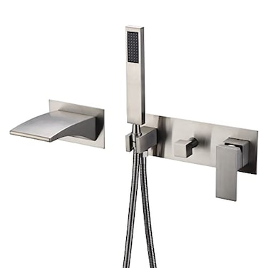 sumerain Wall Mount Tub Filler Brushed Nickel with Waterfall Tub Spout and Handheld Shower High Flow