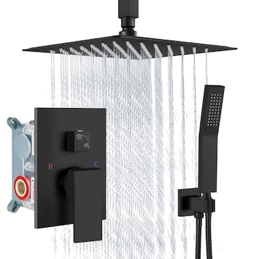 Aolemi Ceiling Mount Shower System Rain Shower Head with Handheld Spray High Pressure Shower Faucet Set Roughin Valve Shower Trim Kit Included Bathroom Matte Black 10 Inch Ceiling Shower Head