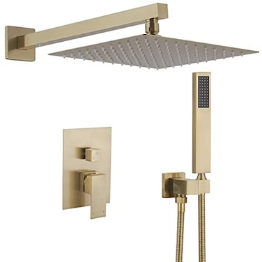 BWE Shower Faucet Brushed Gold 12 Inch Square Bathroom Luxury Rain Mixer Shower Combo Set 2Functions Wall Mounted Rainfall Shower Head System Roughin Valve Body and Trim Included