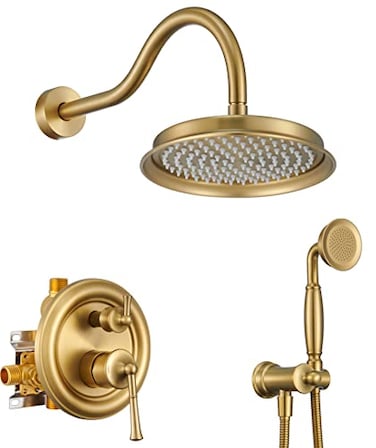 WINKEAR Rain Shower Head with Handheld Spray Rainfall Shower System with Roughin Valve Luxury Shower Trim Kit Wall Mount Brushed Gold
