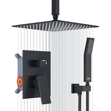 SunCleanse Rainfall Shower System Matte Black Ceiling Mounted Shower System Combo Set with High Pressure 12 Inches Square Rain Shower Head Handheld and Shower Faucet Roughin Mixer Valve and Trim