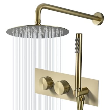 TRUSTMI Brushed Gold Shower System 12 Inch Rainfall Shower Set with Brass RoughIn Valve and Trim Kit BrickPattern SingleThreaded Knob Handle