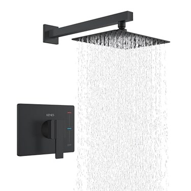 KENES Matte Black Shower Faucet with 10Inch Shower Head and Handle Set Square Shower Faucet Set Bathroom Rainfall Shower System Wall Mount KE6024B2 Shower Valve Included