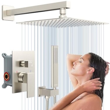 EMBATHER Shower System 12 Shower Faucet Set for Bathroom Luxury Rain Mixer Combo Set Wall Mounted Rainfall Square Shower Head Easy Installation Contain Roughin Valve Trim Brushed Nickel