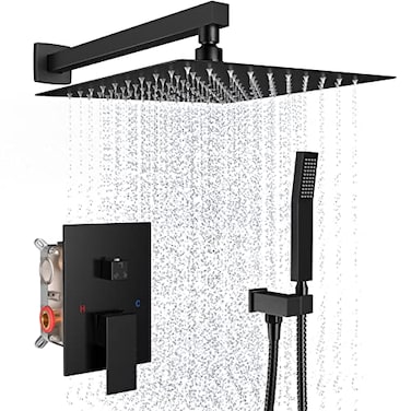 Dlvsoby Shower System Wall Mounted 10 inch Shower Overhead for BathroomRain Shower Combo Set with Handheld SprayLuxury Rainfall Shower Head Roughin Valve and Trim IncludedMatte Black