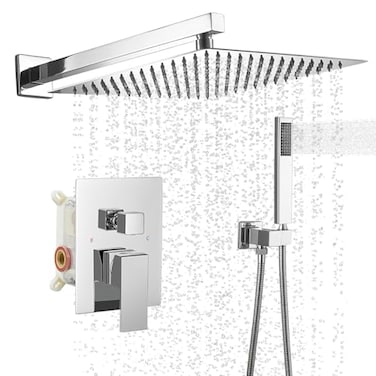 BWE 12 Inch Square Bathroom Luxury Rain Mixer Shower Combo Set Wall Mounted 2Functions Rainfall Shower Head System Polished Chrome Shower Faucet Roughin Valve Body and Trim Included