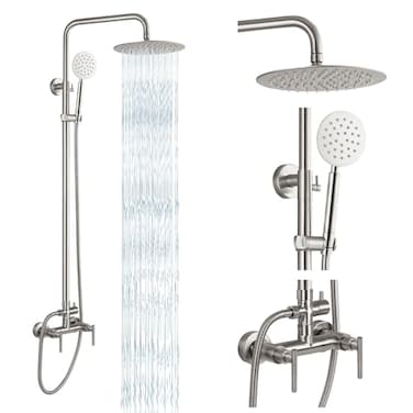 gotonovo SUS304 Outdoor Shower Fixture High Pressure Shower System Combo Wall Mount 2 Dual Function Shower Faucet Set Round Handheld Spray Brushed Nickel Double Lever Handle