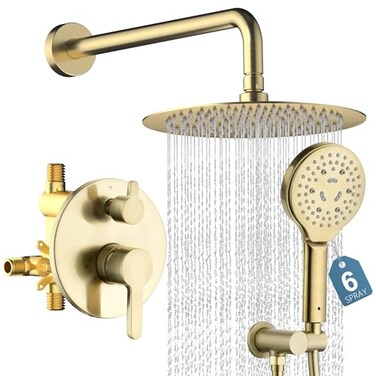 Lavatrum Brushed Gold Shower Faucet Set with Valve 10 Inches High Pressure Shower Head Combo Set Wall Mount Rain Shower Head System with 6 Function Handheld