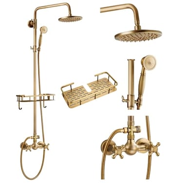 gotonovo Exposed Shower Faucet Set with Shower Shelf 8 inch Rainfall Shower Head with Handheld Sprayer Double Cross Handles Shower System Dual Functions Wall Mounted Antique Brass