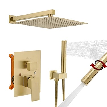 BESy Shower System with 12 Inch Rain Shower Head and Handheld Wall Mounted High Pressure Rainfall Shower Faucet Fixture Combo Set with 2 in 1 Handheld Showerhead for Bathroom Brushed Gold