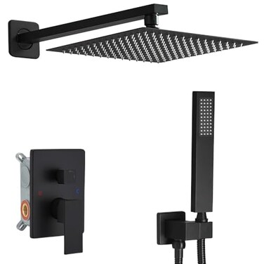 Heable Matte Black Shower System 12 Inches Bathroom Luxury Rain Shower Head with Handheld Combo Set Wall Mounted High Pressure Rainfall Shower Head System Shower Faucet with Valve and Trim Kit