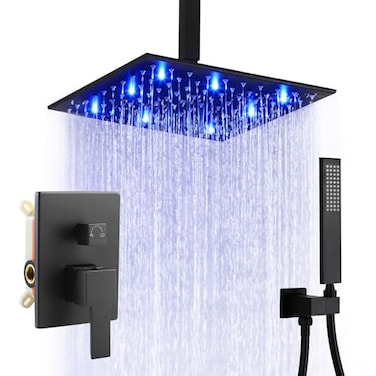 SKOWLL Shower Faucets Sets Complete Ceiling Mount 12 Inch LED Shower Head System with Handheld Bathroom Rainfall Shower Fixtures Valve Kit 3 Color Changing Showerhead Matte Black
