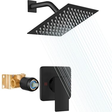 Heyalan Shower Faucet Set with Valve Bathroom Rainfall Shower System Wall Mount Single Handle Shower Trim Kit Rainfall Fixed Shower Head 8 Inch Square Shower Head Matte Black