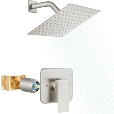 Heyalan Shower Faucet Set with Valve Bathroom Rainfall Shower System Wall Mount Single Handle Shower Trim Kit Rainfall Fixed Shower Head 8 Inch Square Shower HeadBrushed Nickel