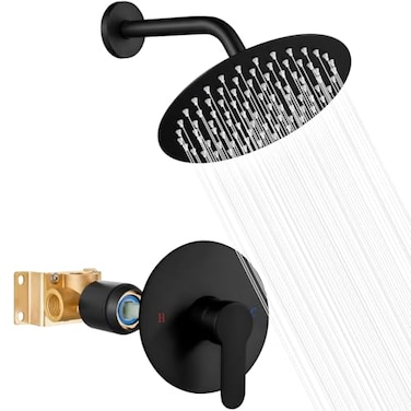 Heyalan Shower Faucet Set with Valve Bathroom Shower System Wall Mount Single Handle Shower Trim Kit Fixed Rainfall Shower Head 8Inch Round Shower Head Matte Black