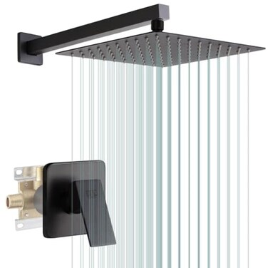 POP SANITARYWARE Matte Black Shower Faucet Set Bathroom Rainfall Shower System with Stainless Steel Metal Showerhead Single Function Shower Trim Kit with Roughin Valve