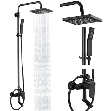 Heyalan Matte Black Rain Shower System SetExposed Shower System 3 Functions Bathroom Shower Faucet 8 Inch Swivel Rainfall Shower Head Handheld Complete Set Tub Spout Wall Mount